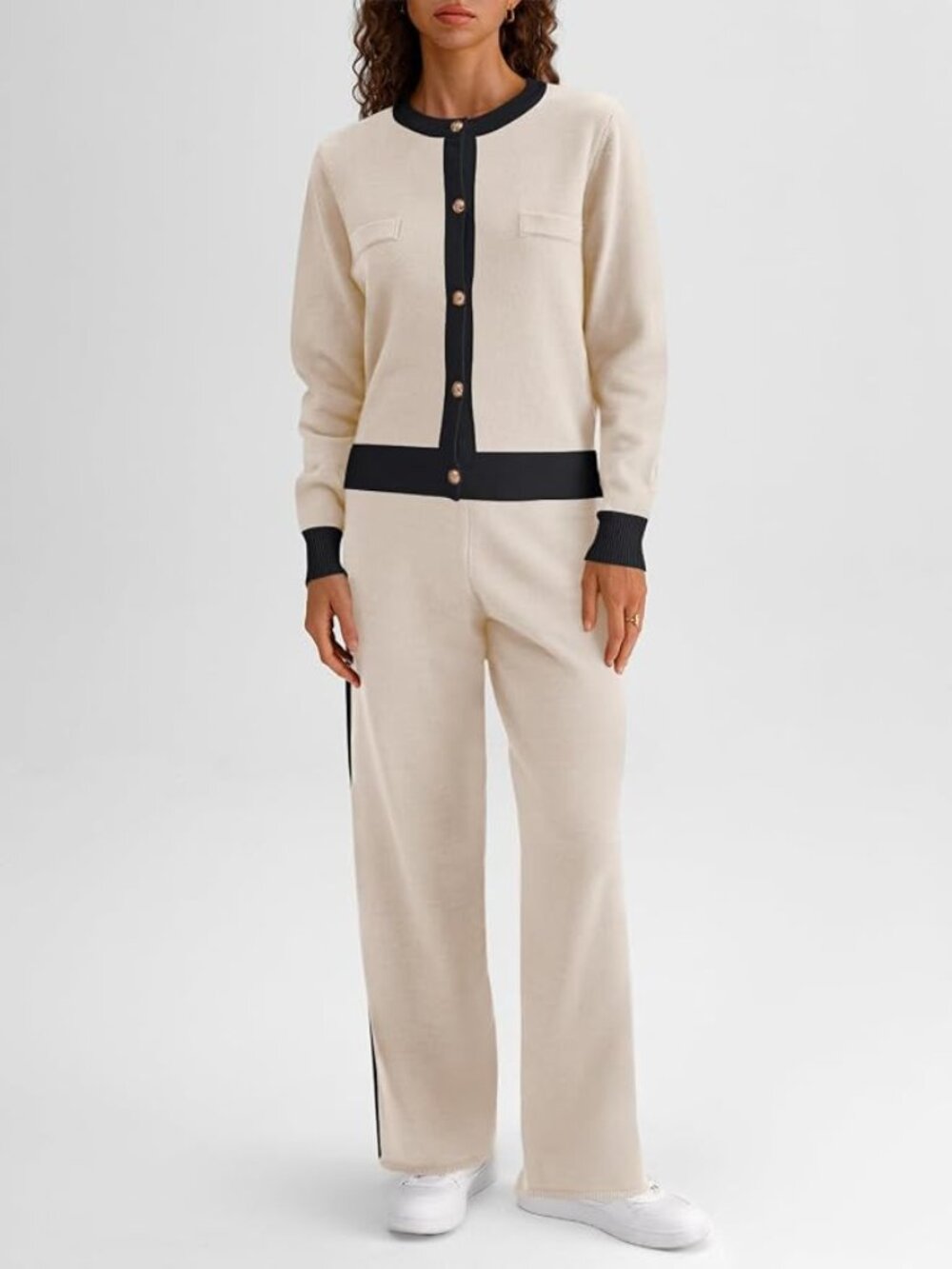 Women's Cream Knit Cardigan & Pants Set with Black Trim Size S